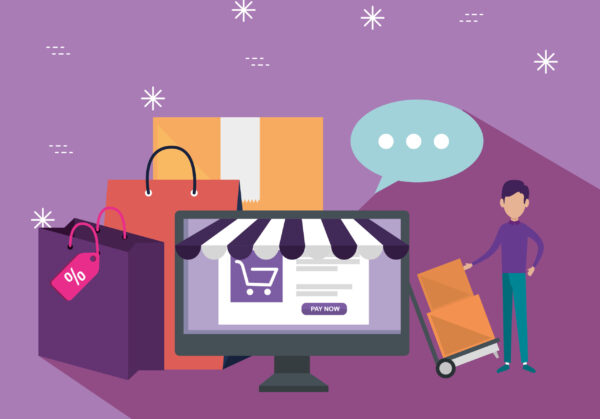 shopping online with computer and ecommerce sale vector illustration